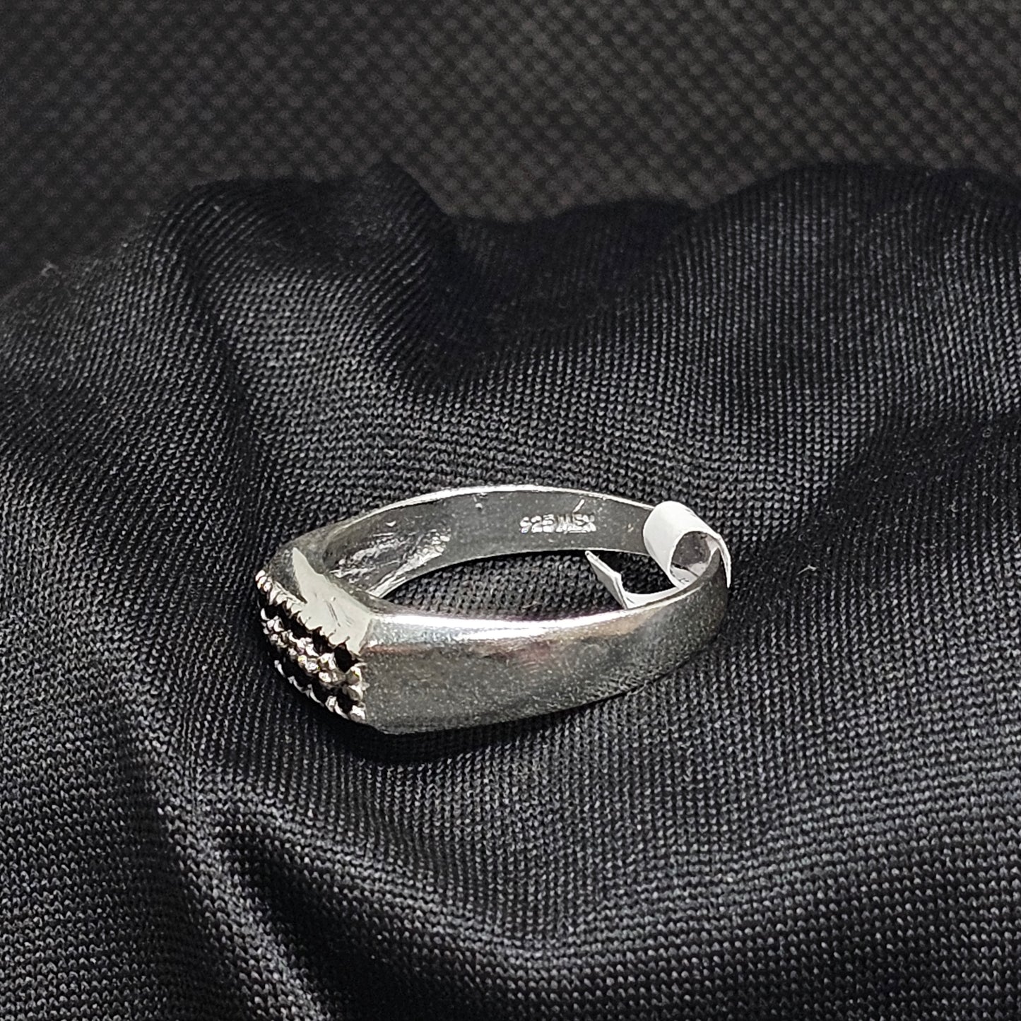 Men's Silver-Tone Ring with Black Stones, Size 11.5, 3.5g