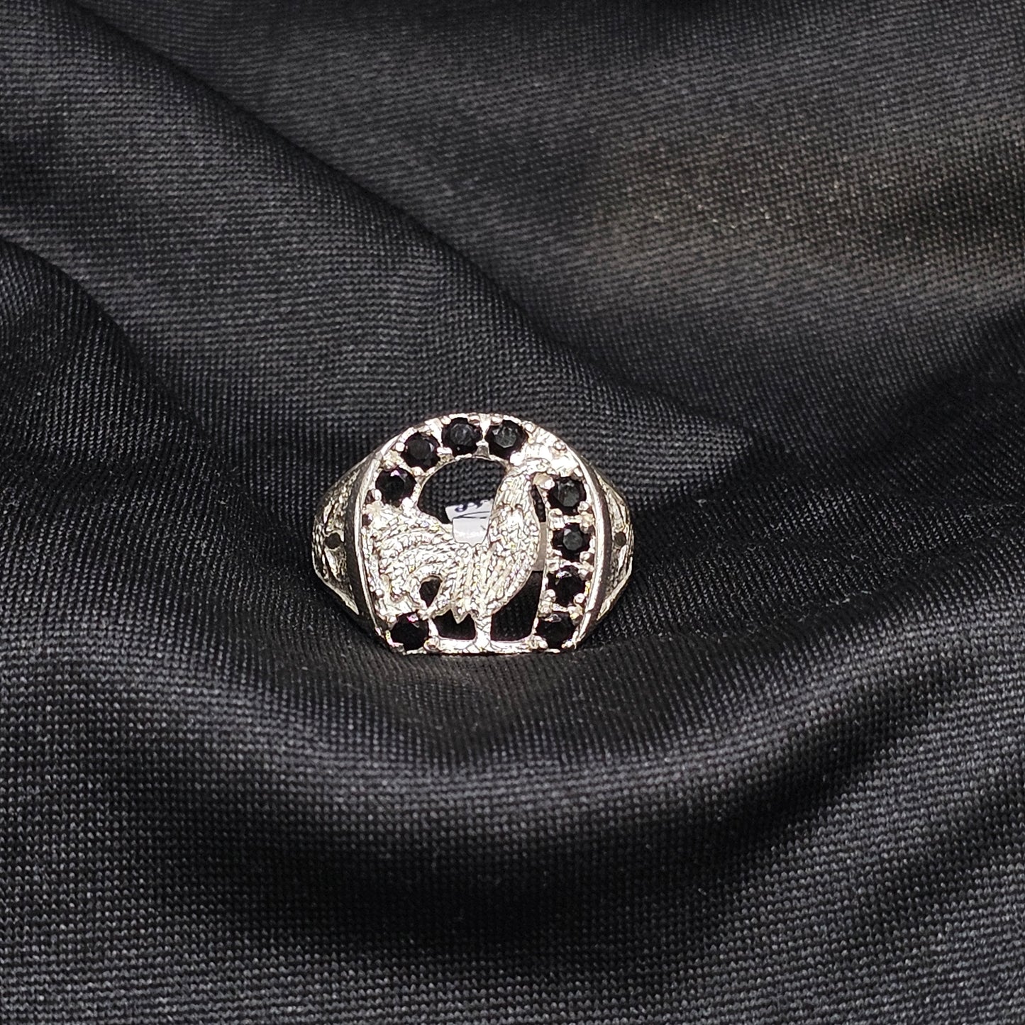 Bold Rooster Ring with Black Stones – Size 10, 6.5g, Silver Tone