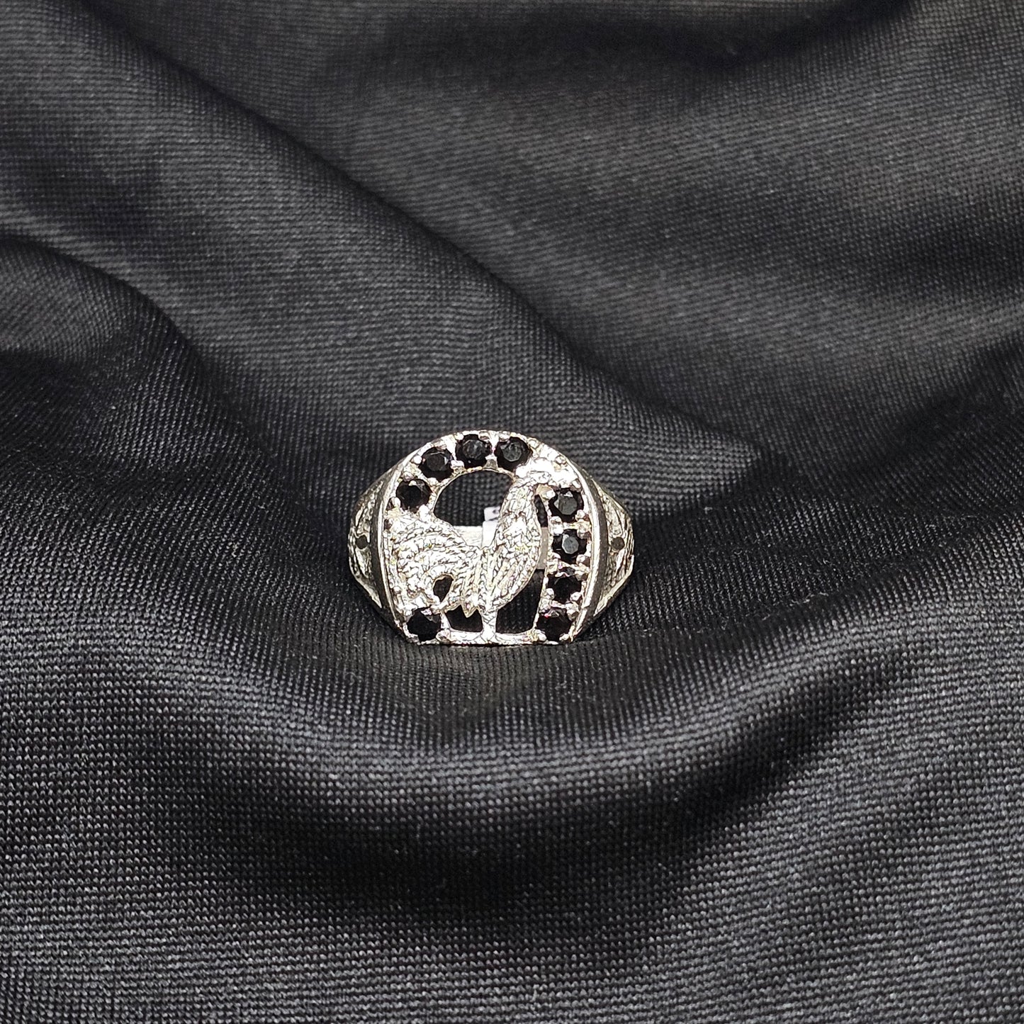 Bold Rooster Ring with Black Stones – Size 10, 6.5g, Silver Tone