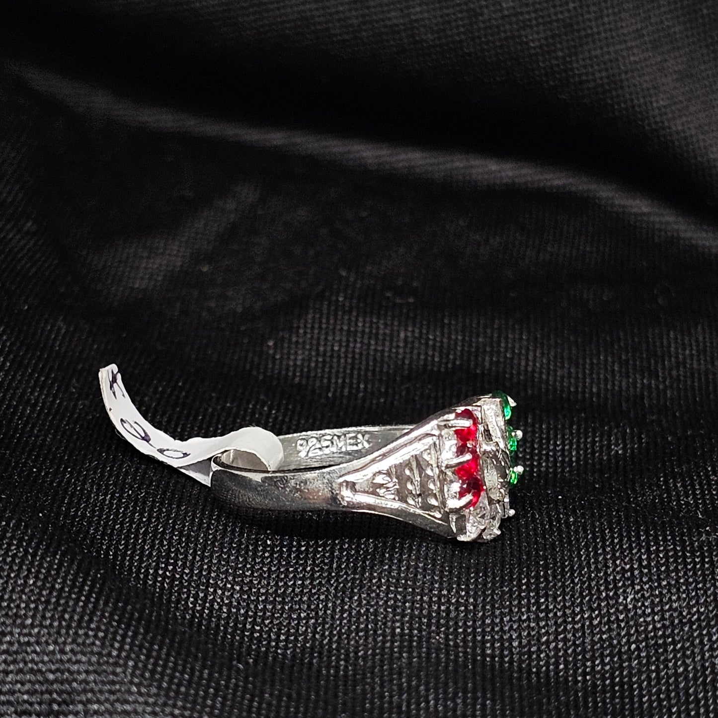 Tricolor Silver Ring w/ Red Green Stones – Size 5.5, 2g