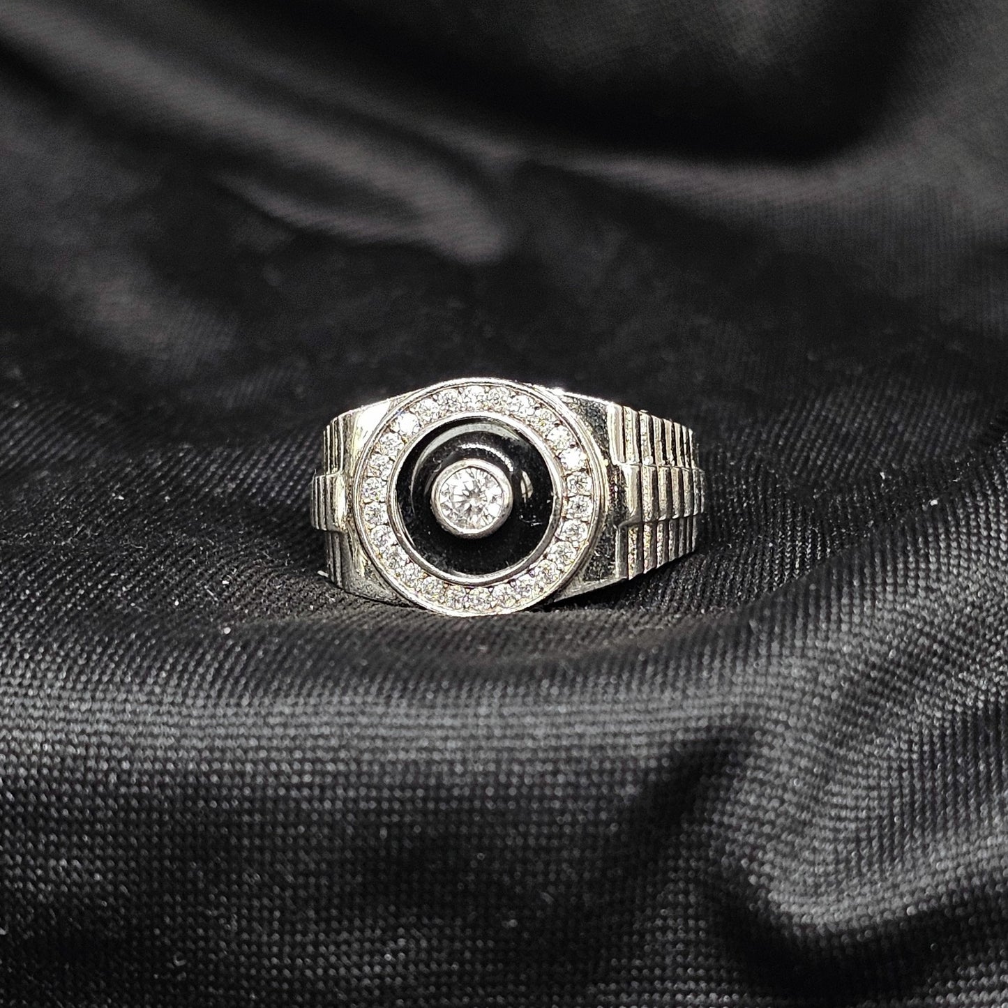 Bold Silver Black & CZ Statement Ring – Size 8, 7.5g Heavy