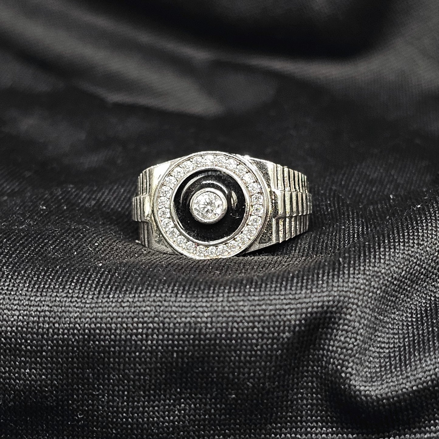 Bold Silver Black & CZ Statement Ring – Size 8, 7.5g Heavy