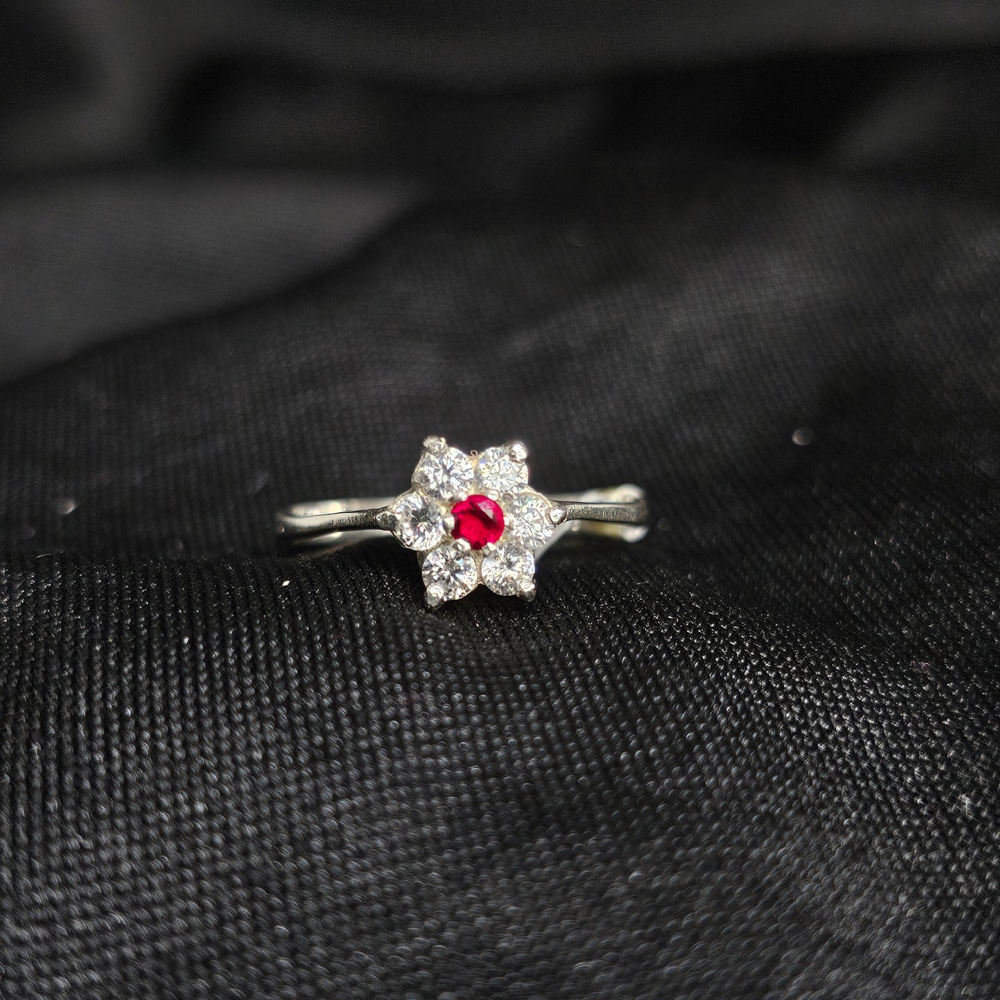 Floral Ruby CZ Ring, Silver Tone, Size 5.5, 1.5g Elegant Accent