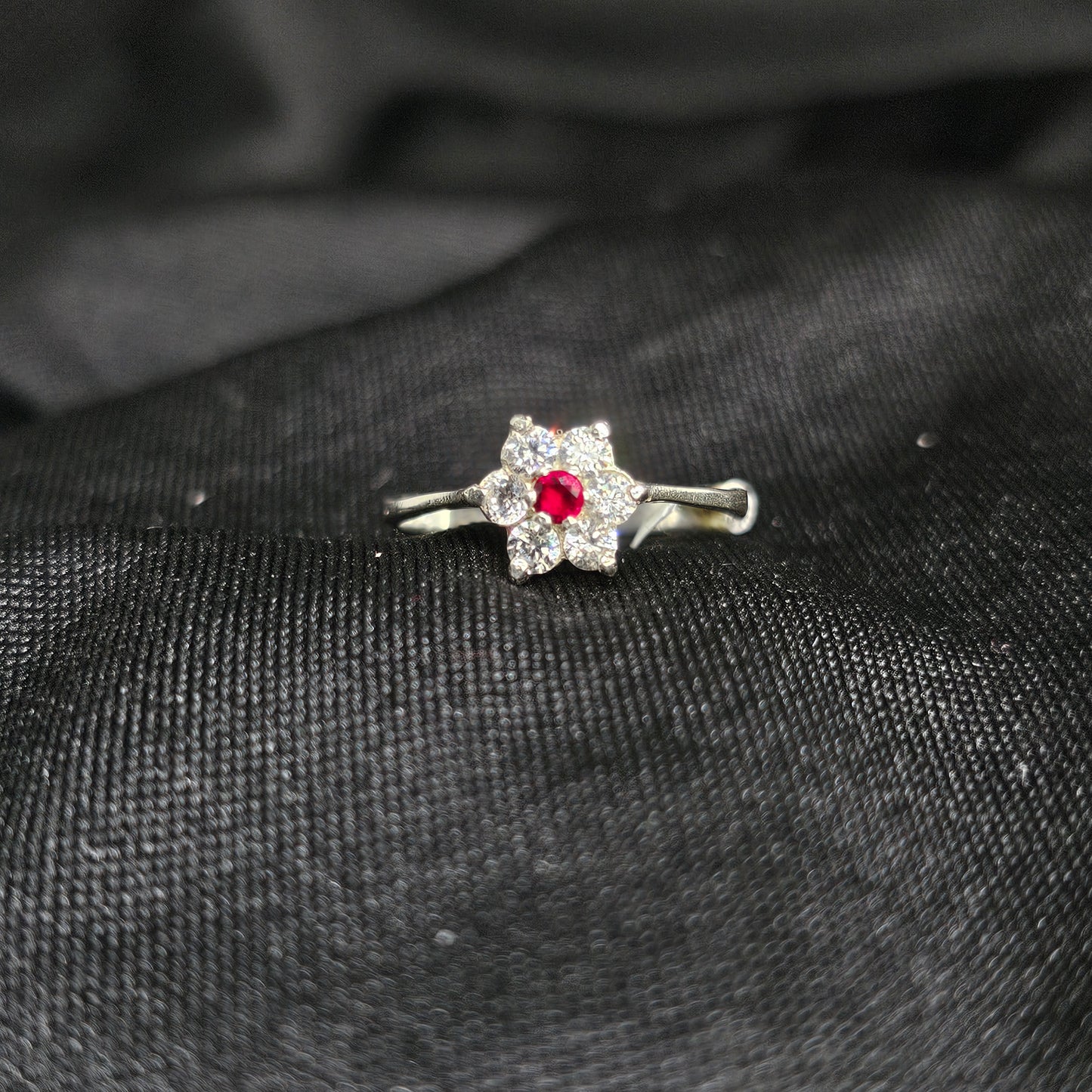 Floral Ruby CZ Ring, Silver Tone, Size 5.5, 1.5g Elegant Accent