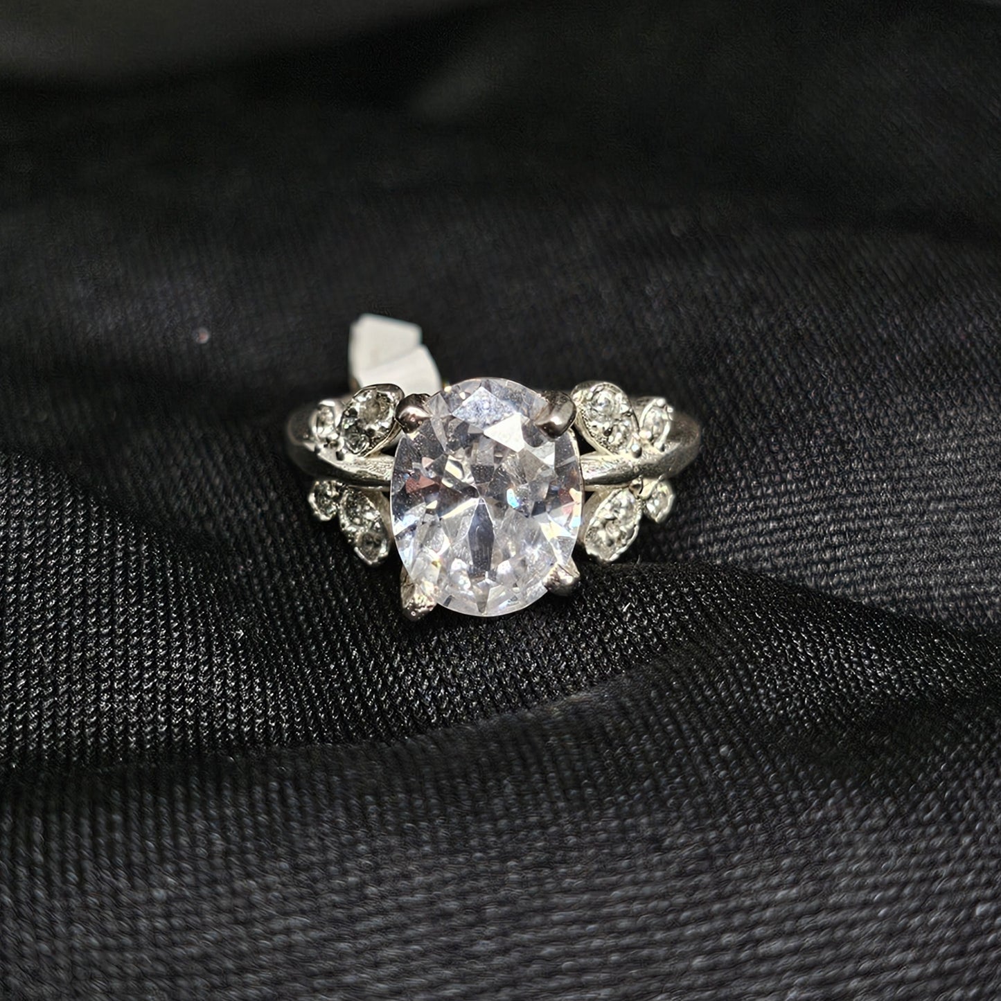 Large CZ Solitaire Ring with Floral Side Detail, Size 5.5