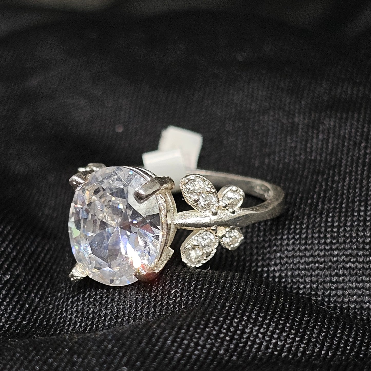 Large CZ Solitaire Ring with Floral Side Detail, Size 5.5
