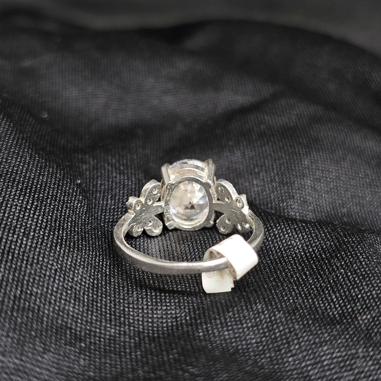 Large CZ Solitaire Ring with Floral Side Detail, Size 5.5