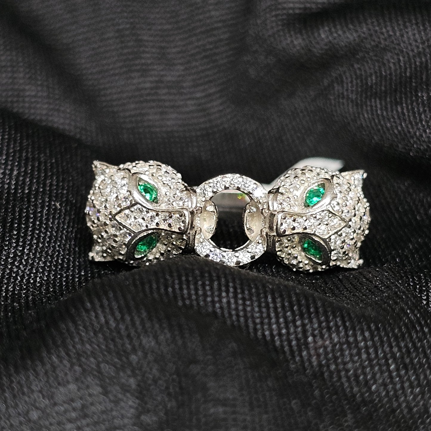 Twin Panther CZ Ring – Size 5.5, Silver-Tone, Emerald Eyes Design