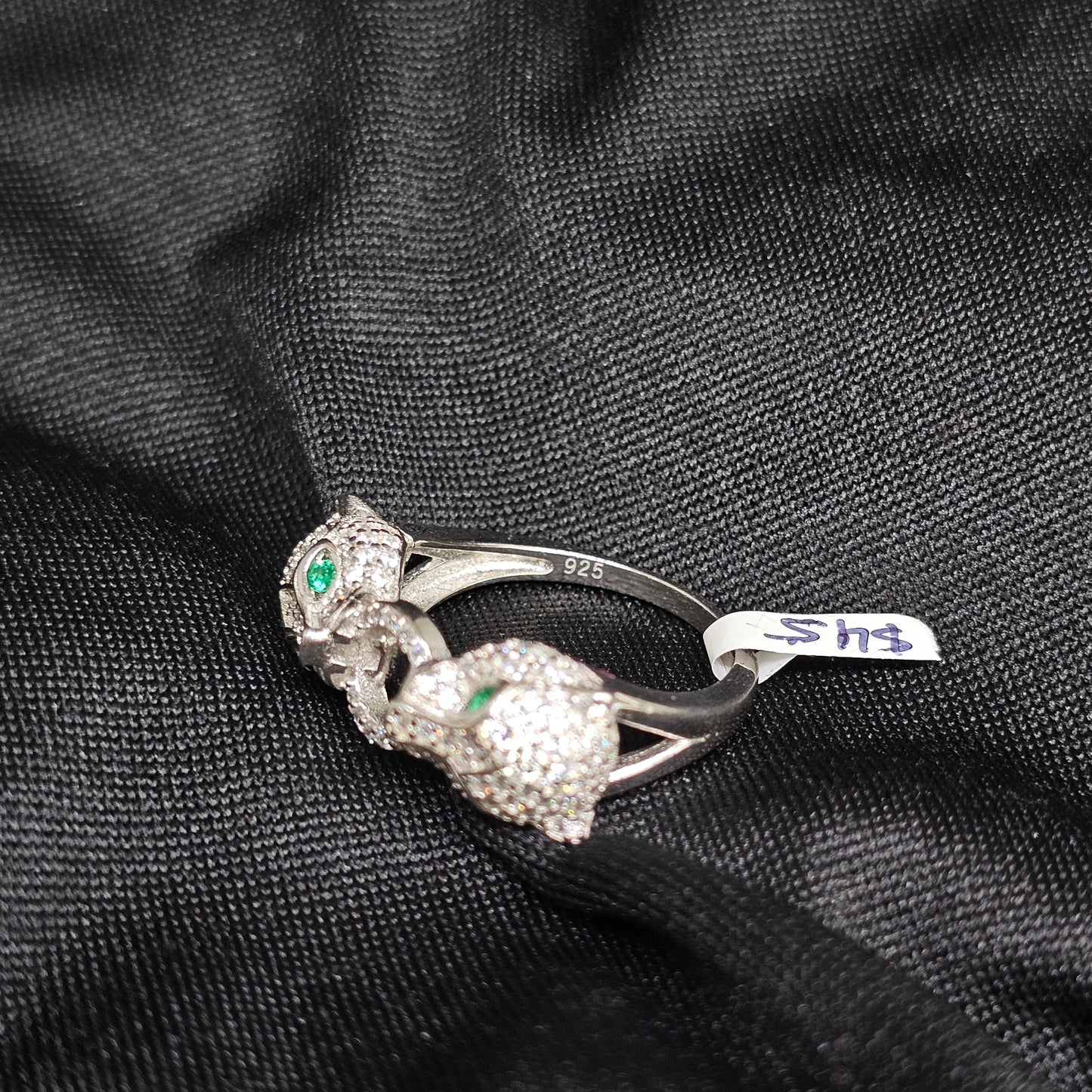 Twin Panther CZ Ring – Size 5.5, Silver-Tone, Emerald Eyes Design