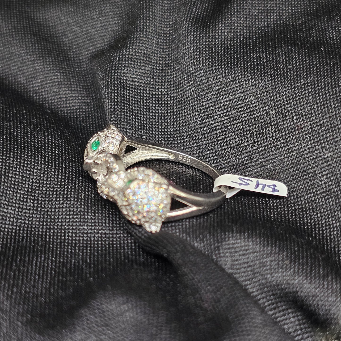 Twin Panther CZ Ring – Size 5.5, Silver-Tone, Emerald Eyes Design