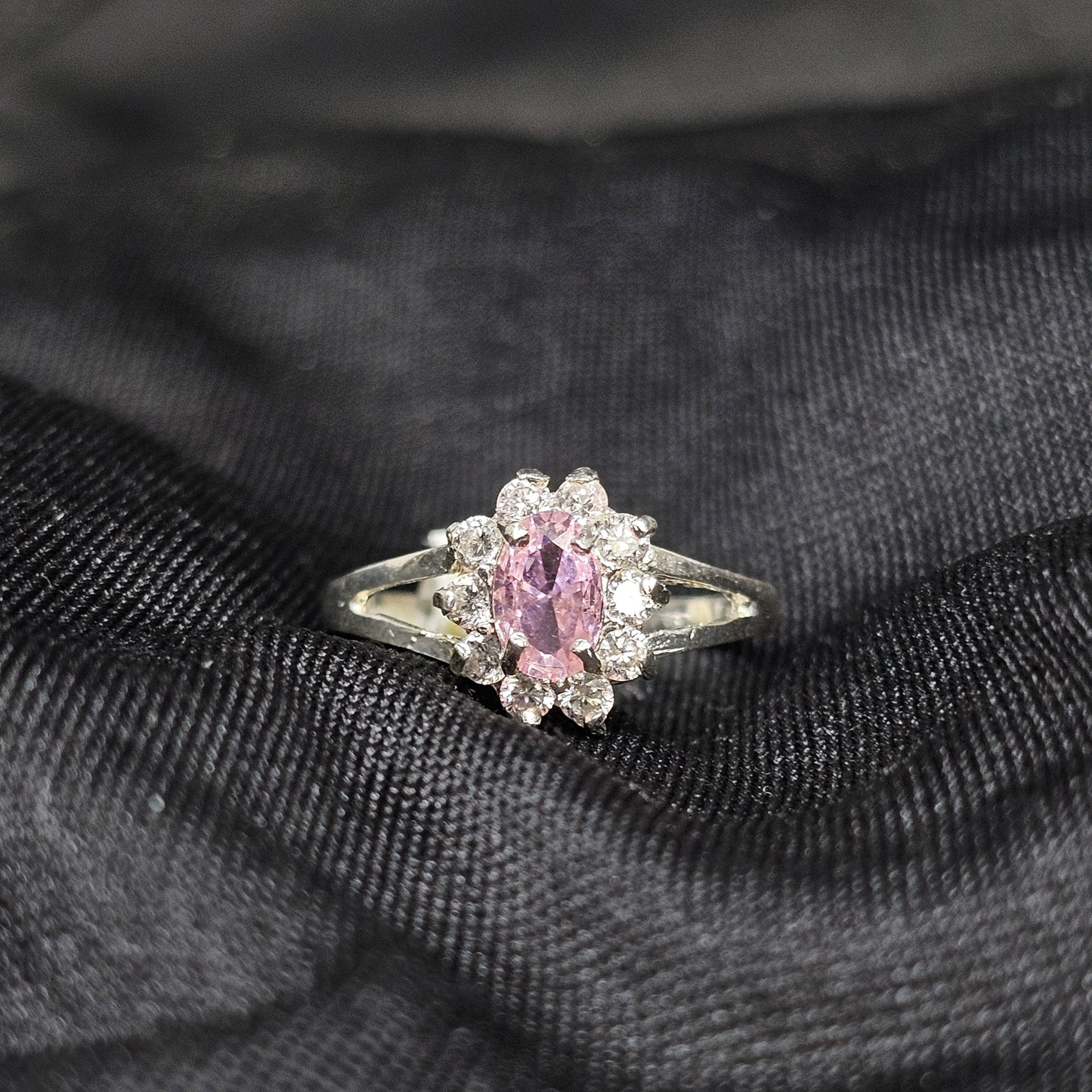 Oval Pink CZ Halo Ring – Elegant Vintage-Inspired Design