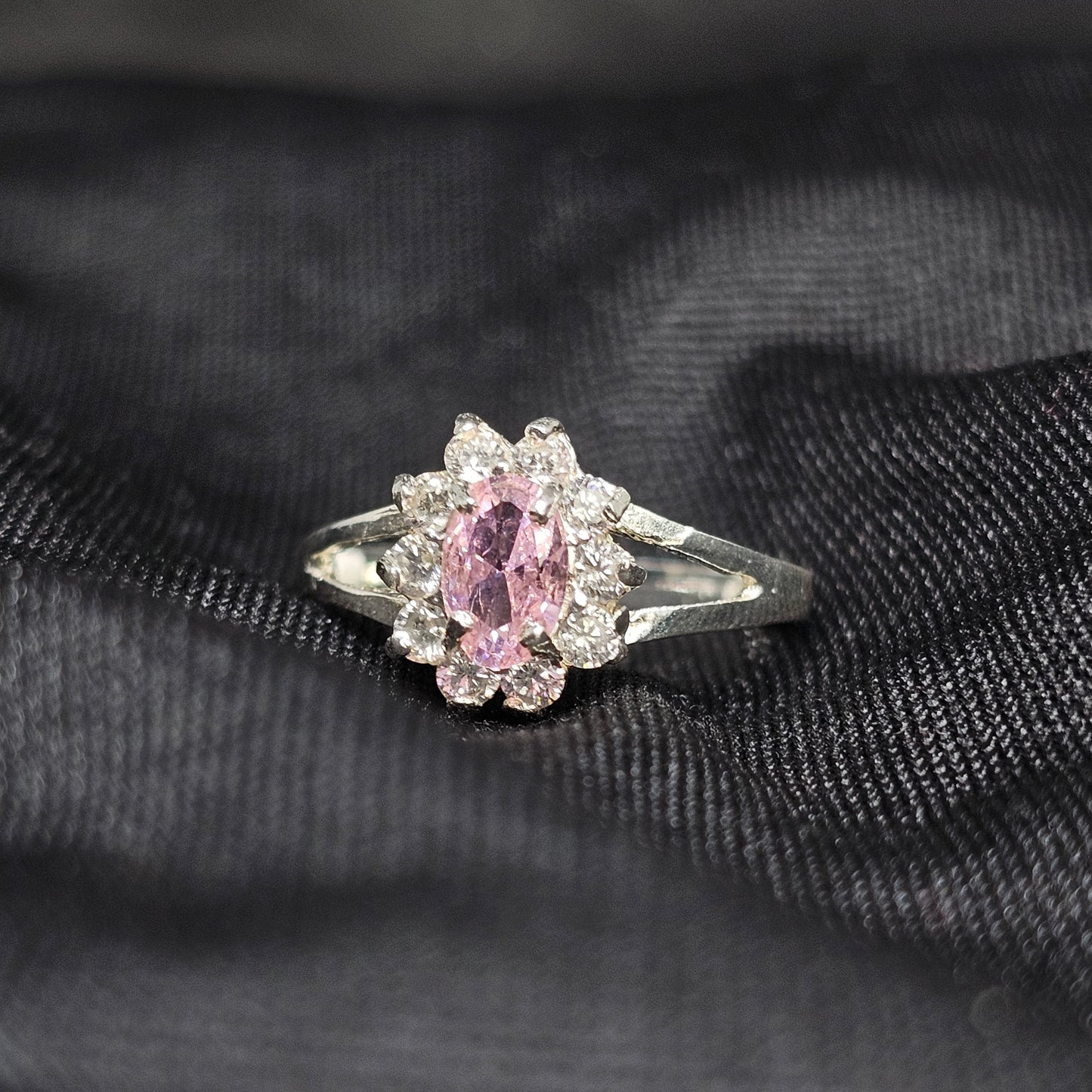 Oval Pink CZ Halo Ring – Elegant Vintage-Inspired Design