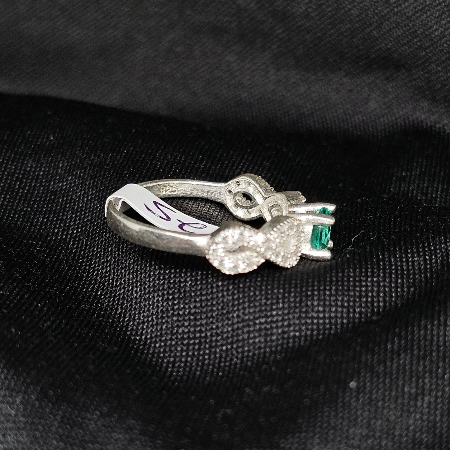 Emerald Infinity Ring – Size 6.5, 2.5g, Silver with CZ Accents