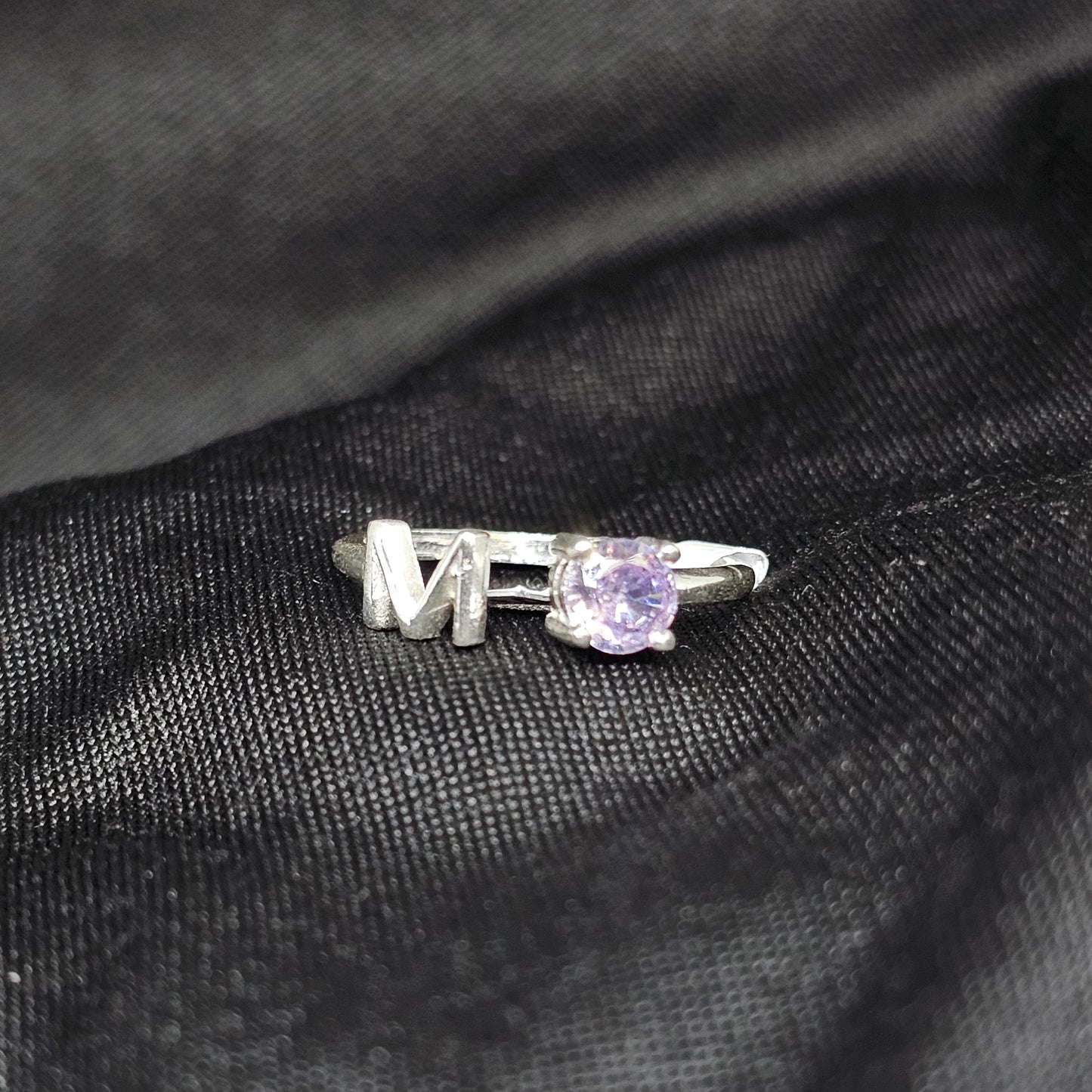 Silver "M" Initial Ring with Purple Stone – Size 7, Lightweight 2g