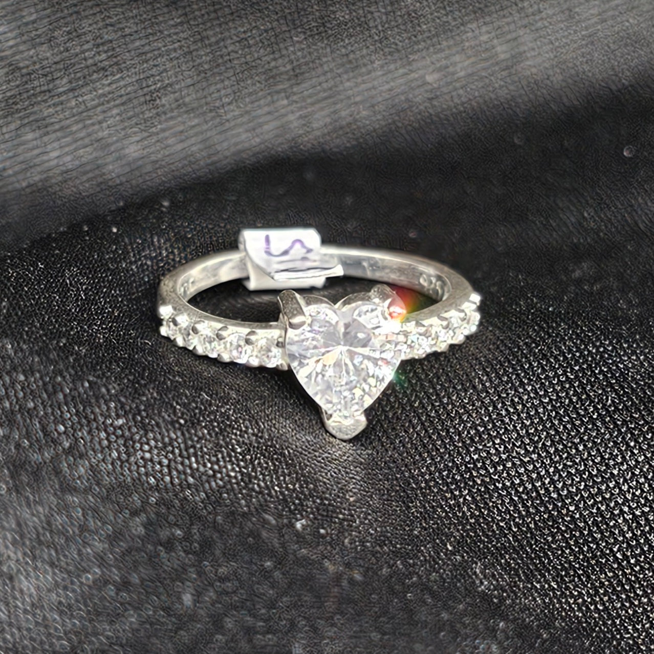 Silver Heart Cut Stone Ring with Side Stones – Size 7, 2.5g