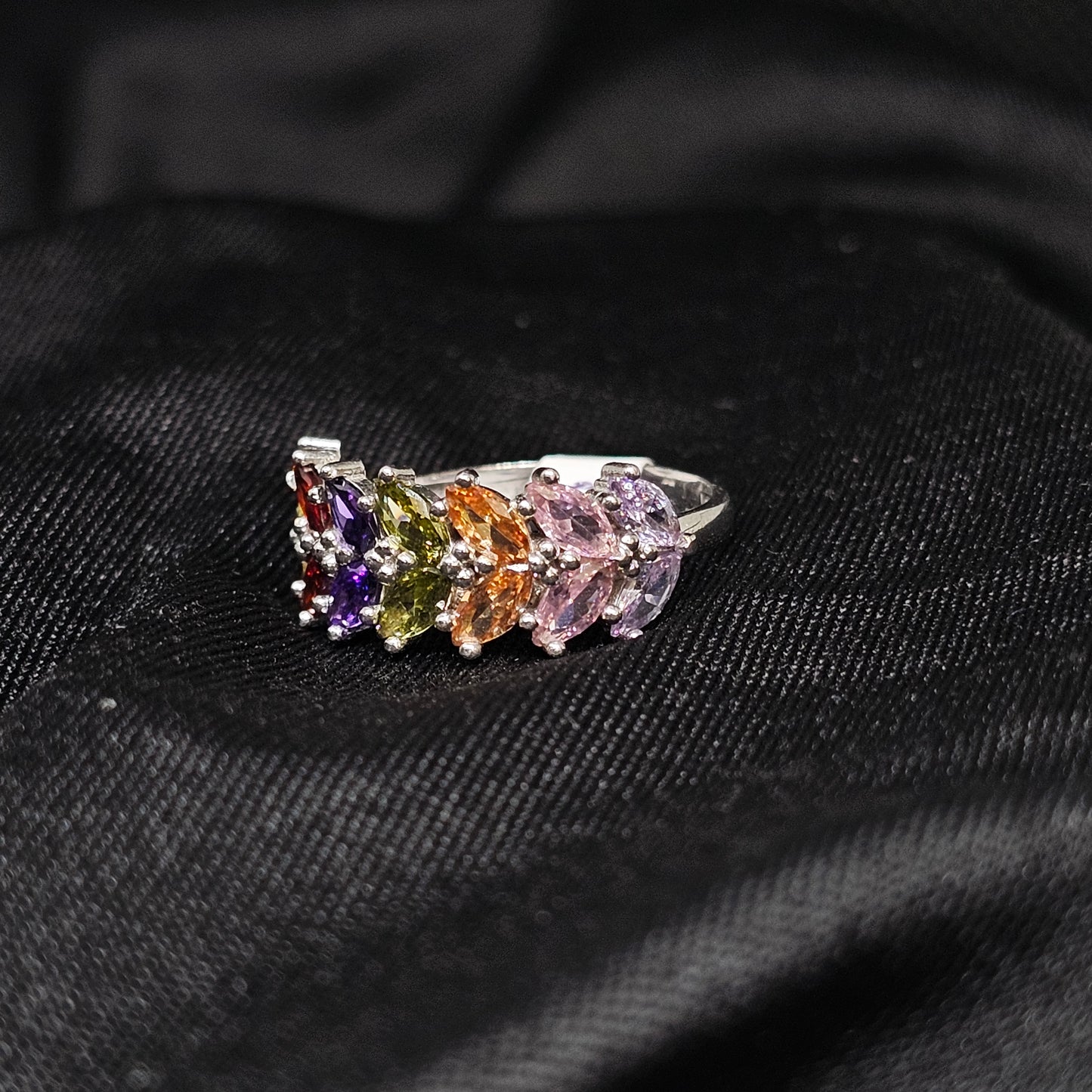 Colorful Crystal Ring for Women – Silver Tone, Size 7, 3g