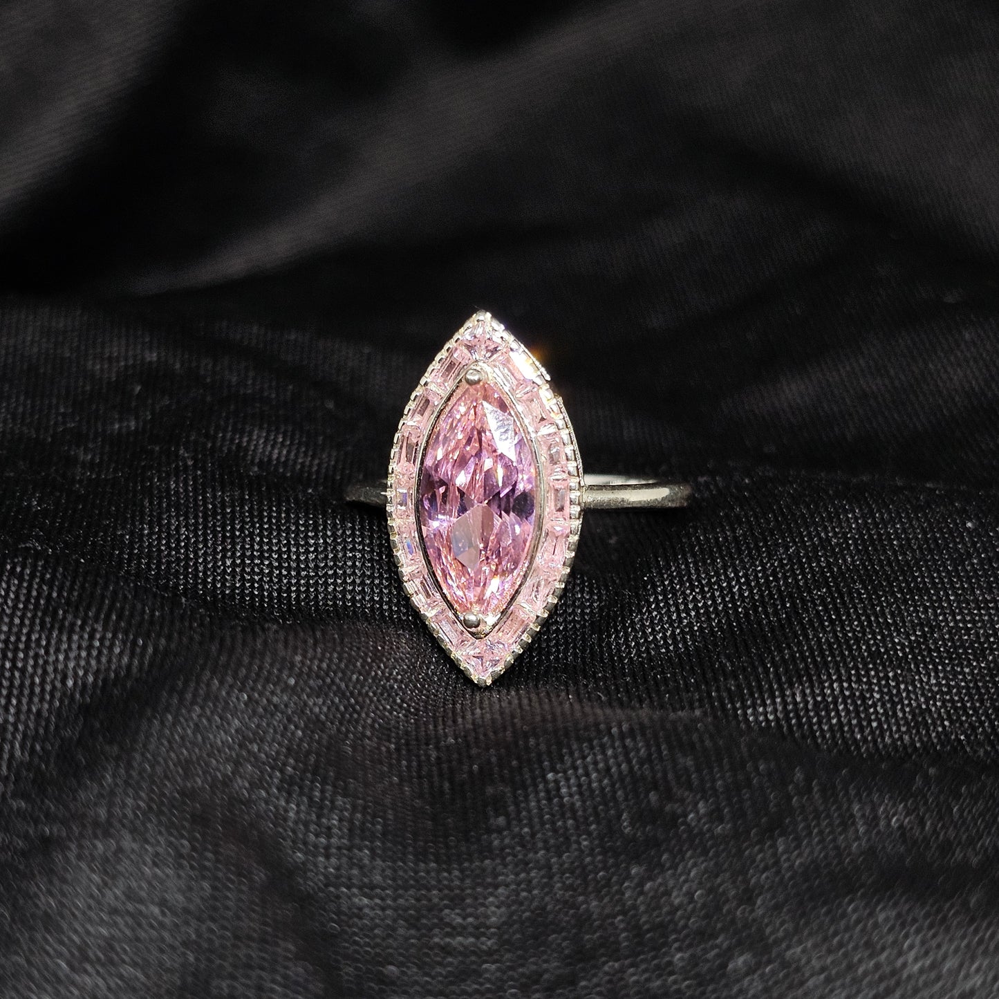 Large Pink Marquise Ring – Silver Tone, Size 8, Glamorous Look