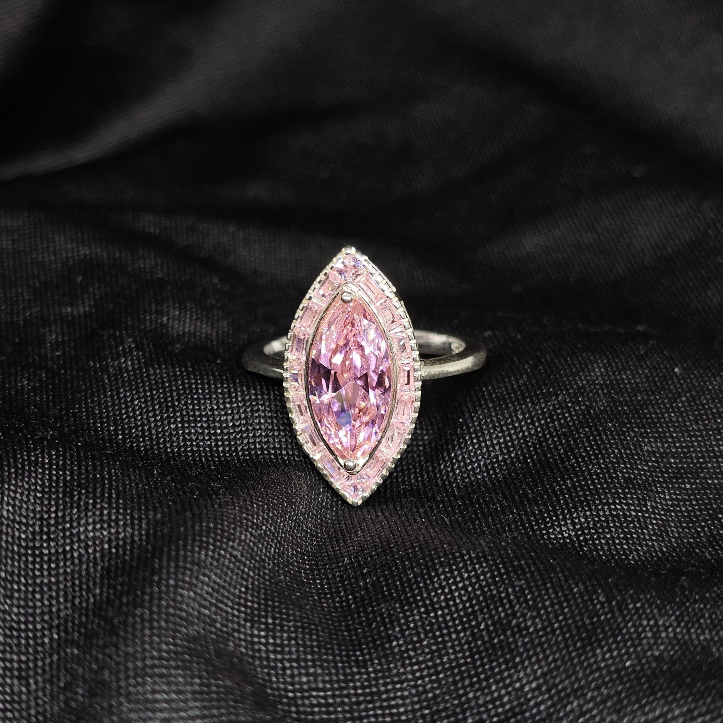 Large Pink Marquise Ring – Silver Tone, Size 8, Glamorous Look