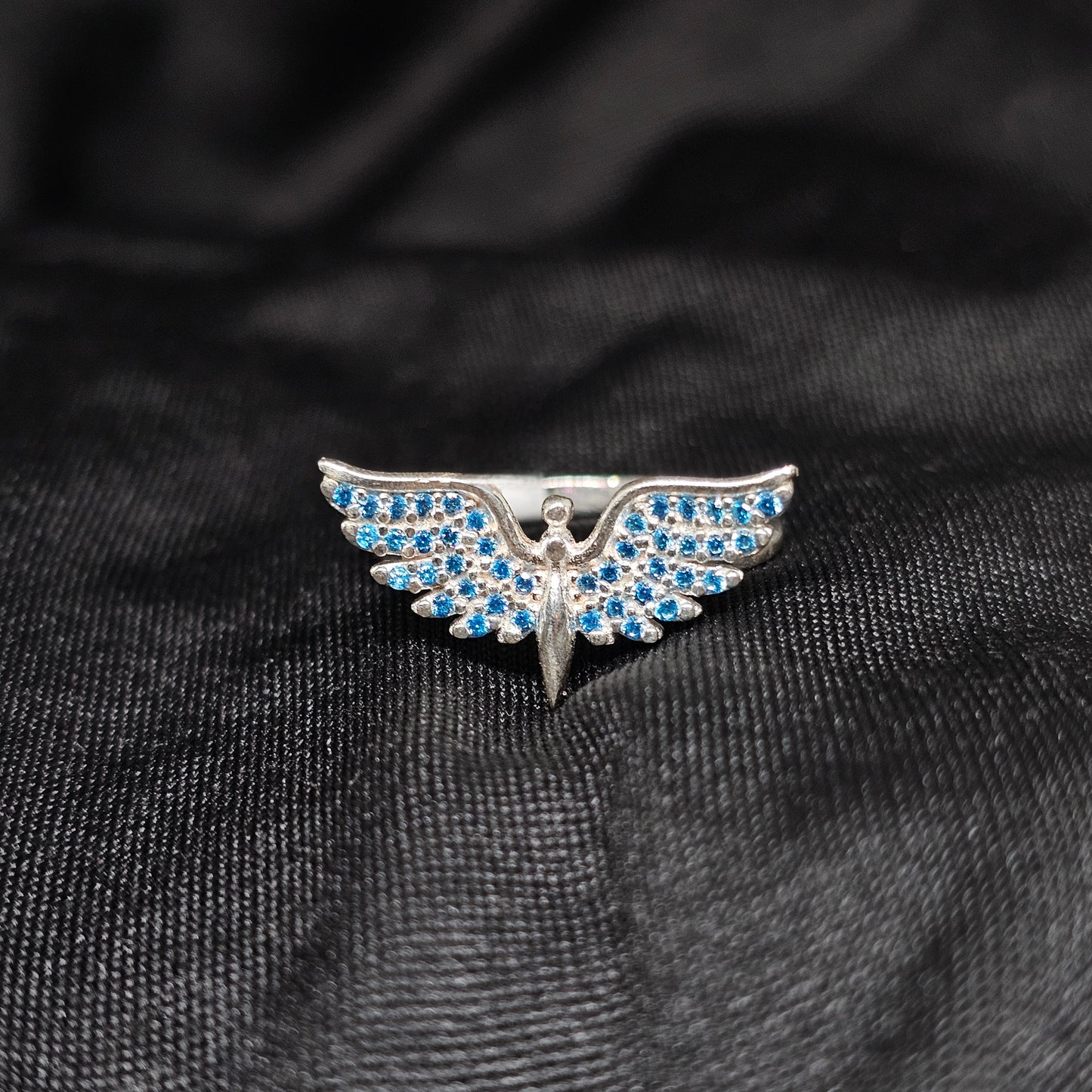 Blue Crystal Angel Wing Ring – Silver Tone, Size 8 Statement