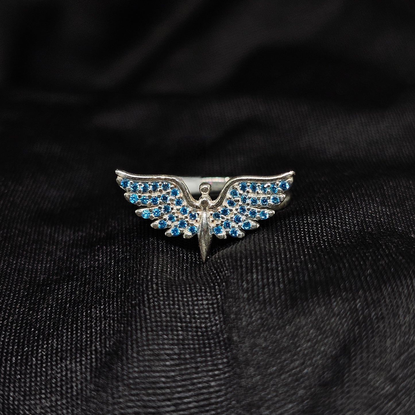 Blue Crystal Angel Wing Ring – Silver Tone, Size 8 Statement