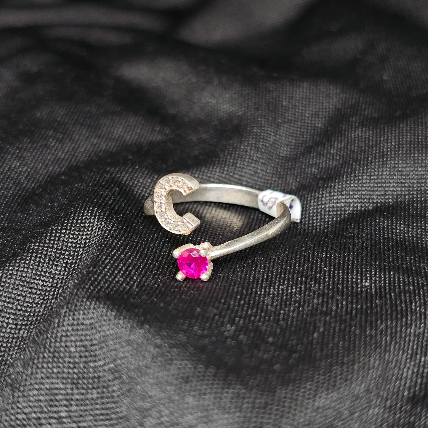 Initial C Ring with Pink Stone – Size 8, Silver Tone, Adjustable