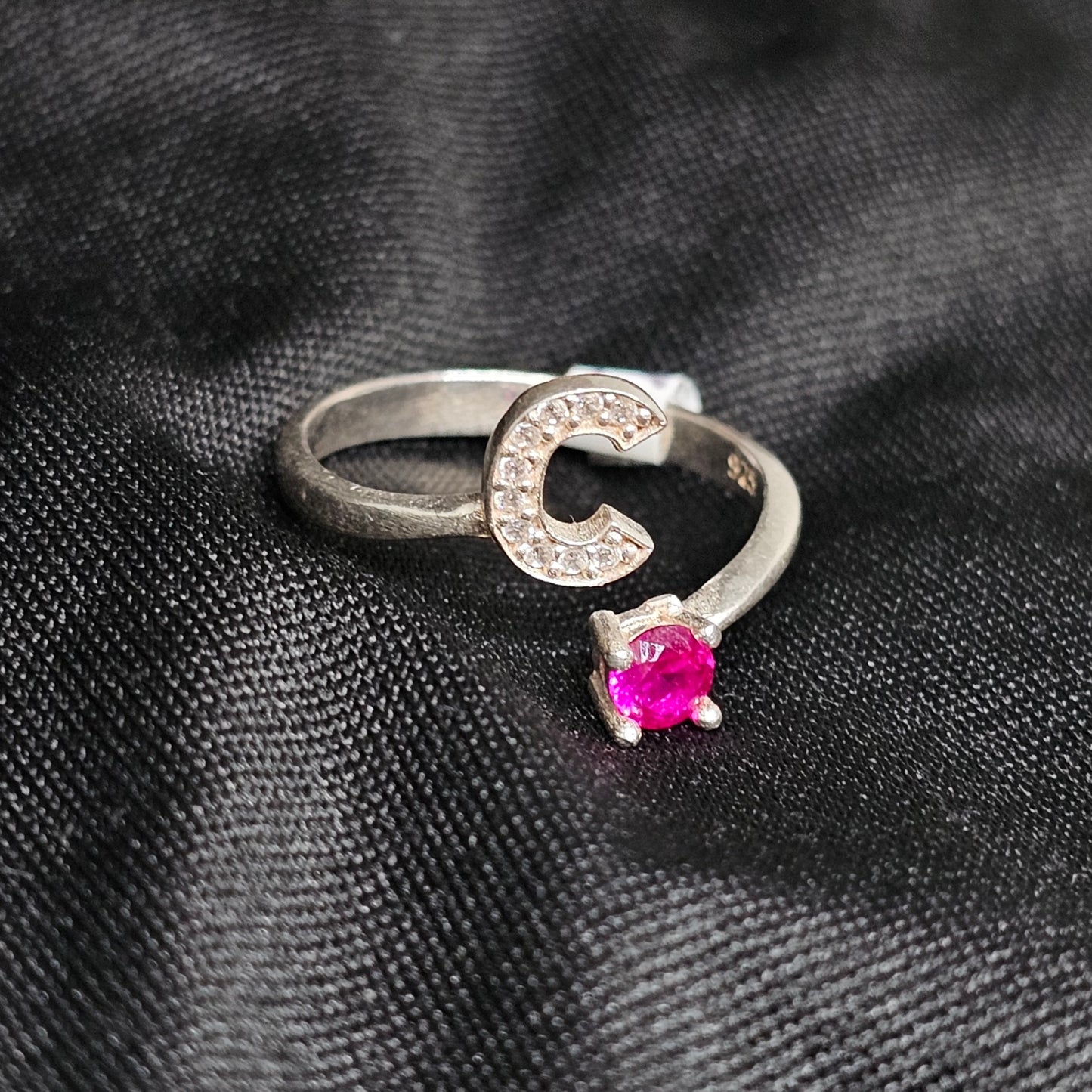 Initial C Ring with Pink Stone – Size 8, Silver Tone, Adjustable