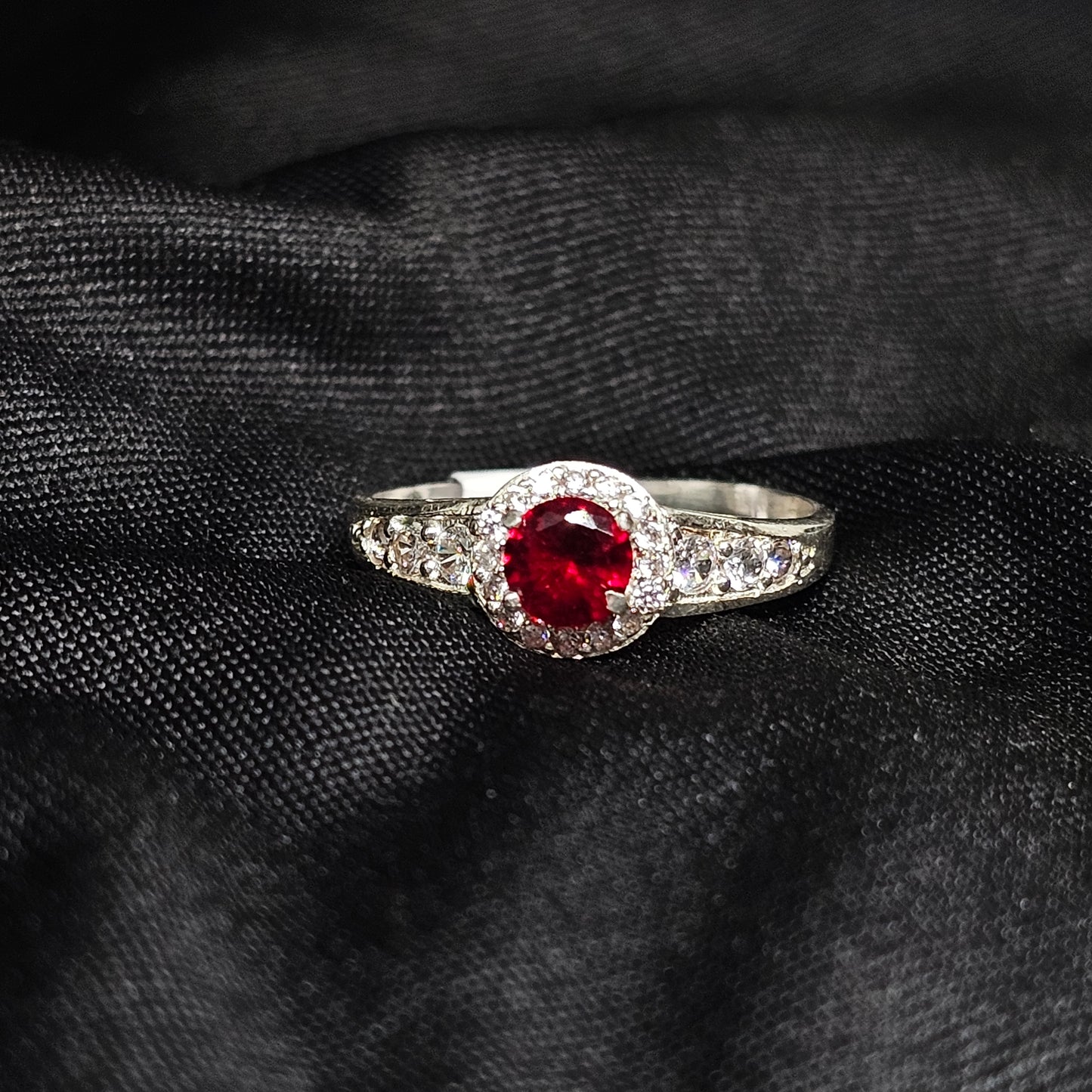Ruby Red CZ Halo Ring in Silver – Size 9.5, 3g, Elegant Design