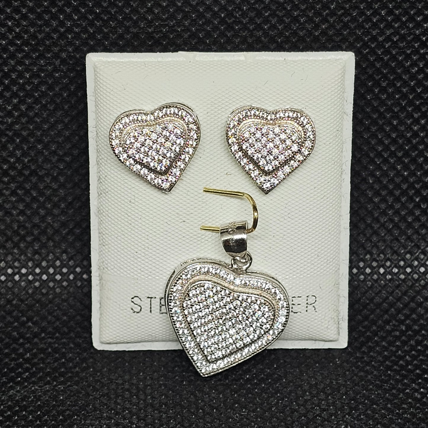 Sterling Silver CZ Heart Pendant & Earrings Set with Screwbacks