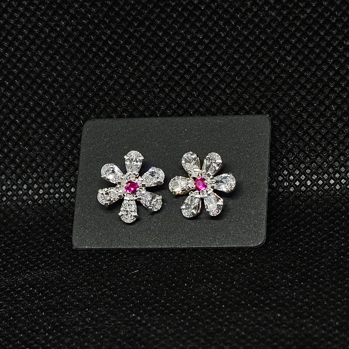 Flower Stud Earrings with CZ Stones & Secure Screwball Backs ½”