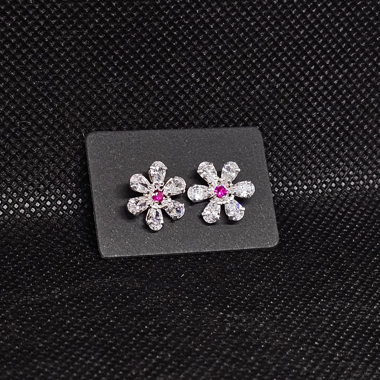 Flower Stud Earrings with CZ Stones & Secure Screwball Backs ½”