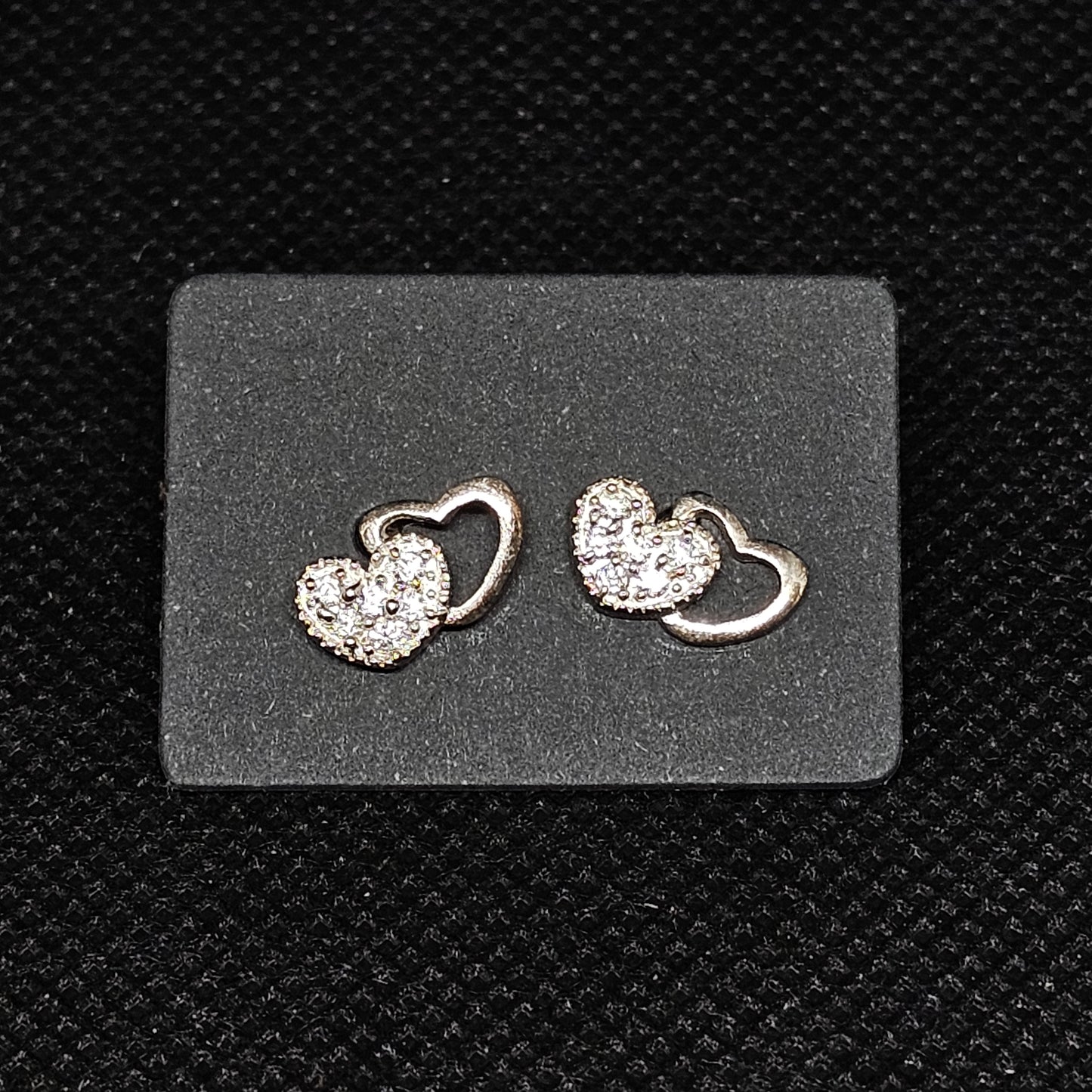 Double Heart Stud Earrings with CZ Stones & Pushback Closure ½”