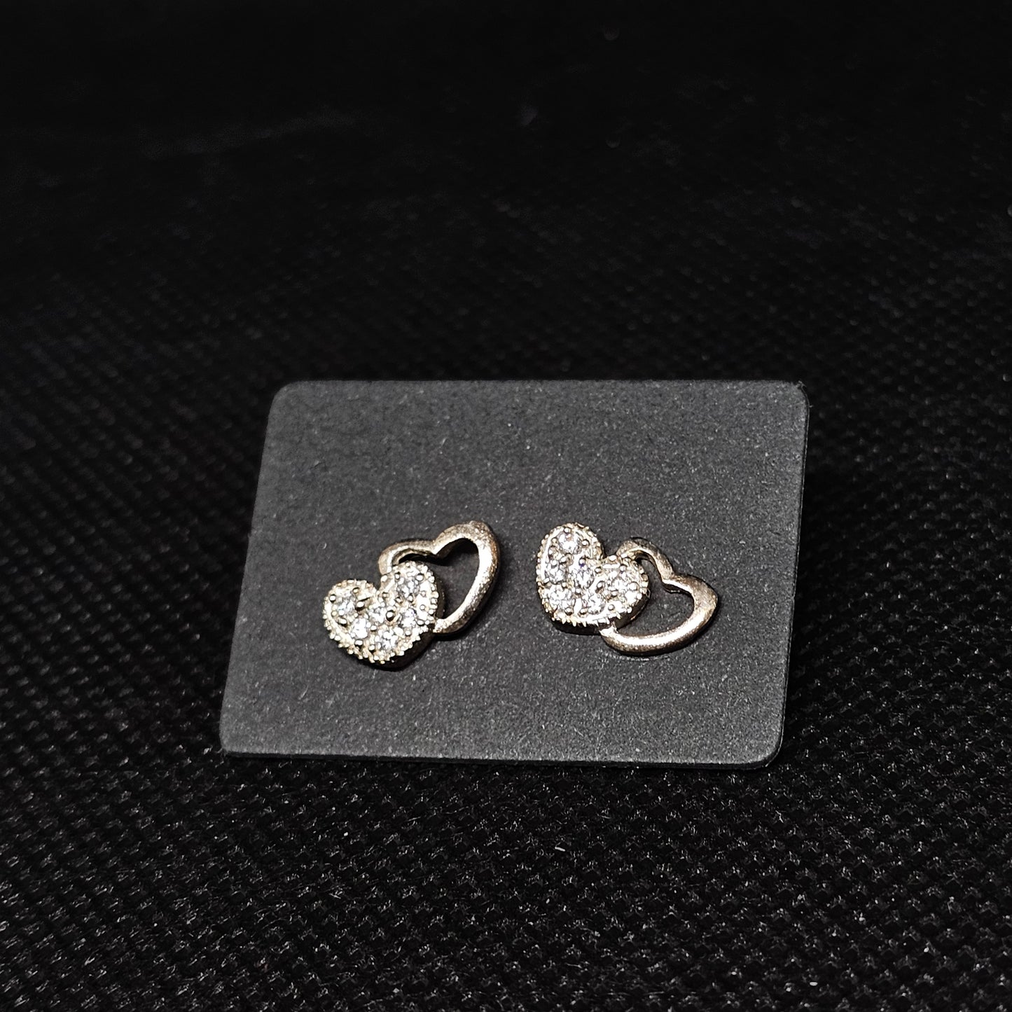 Double Heart Stud Earrings with CZ Stones & Pushback Closure ½”