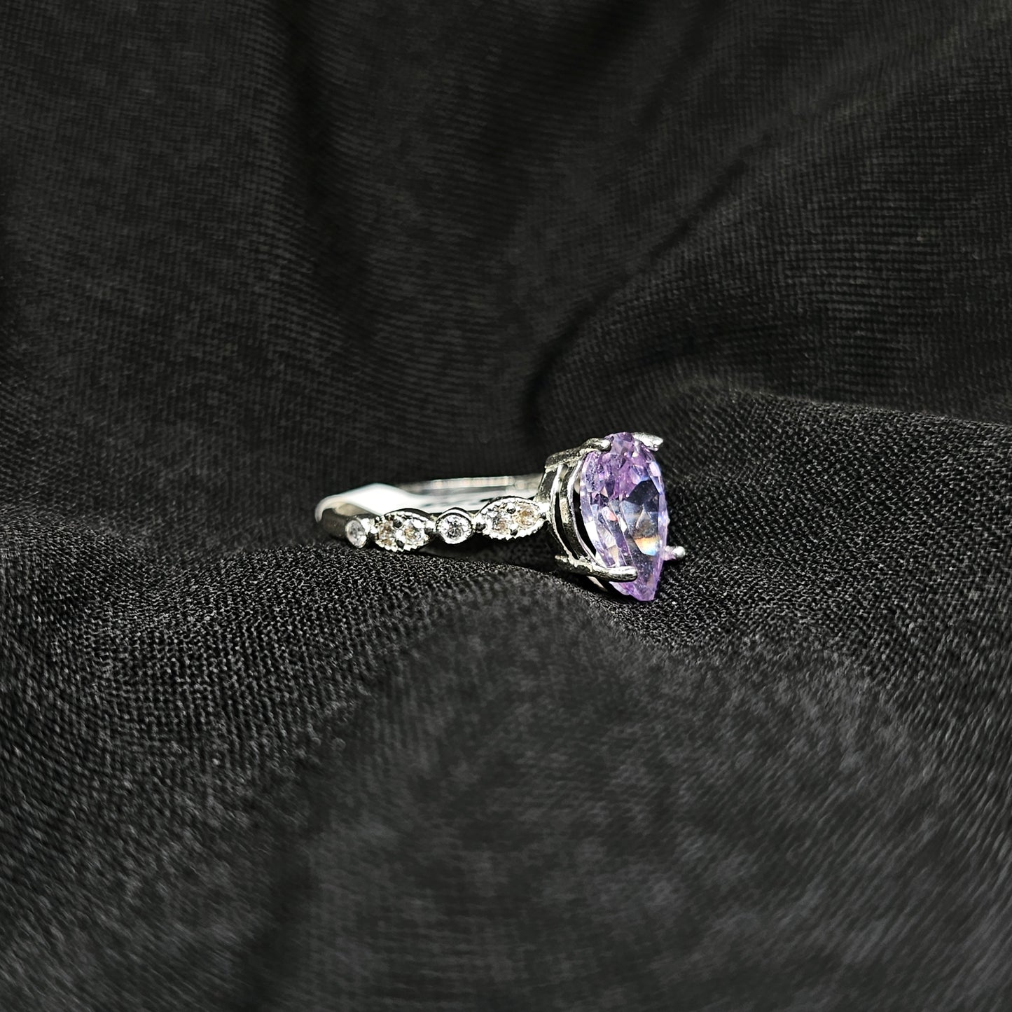 Lavender Pear-Cut Gemstone Ring with Vintage Band – Size 6.5