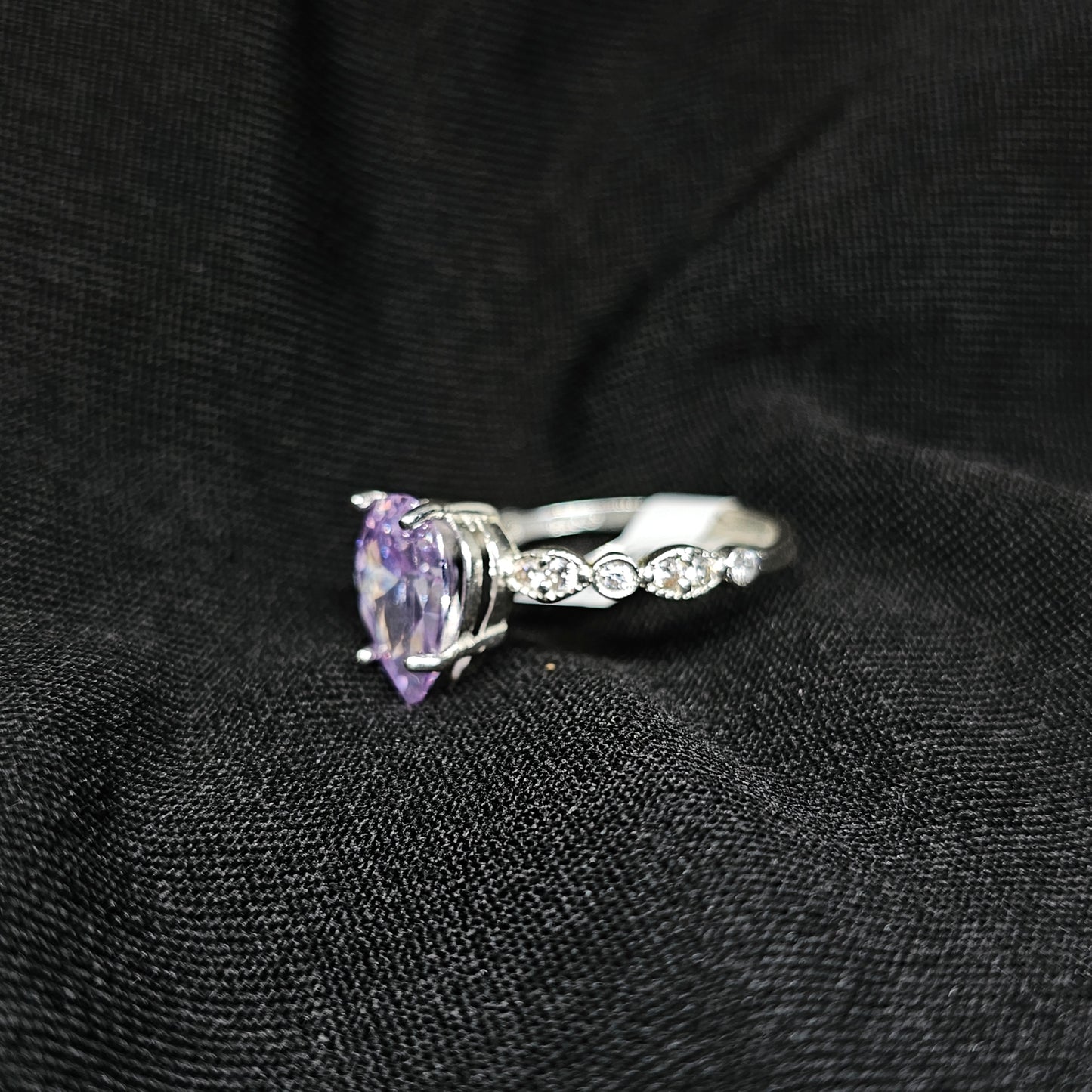 Lavender Pear-Cut Gemstone Ring with Vintage Band – Size 6.5