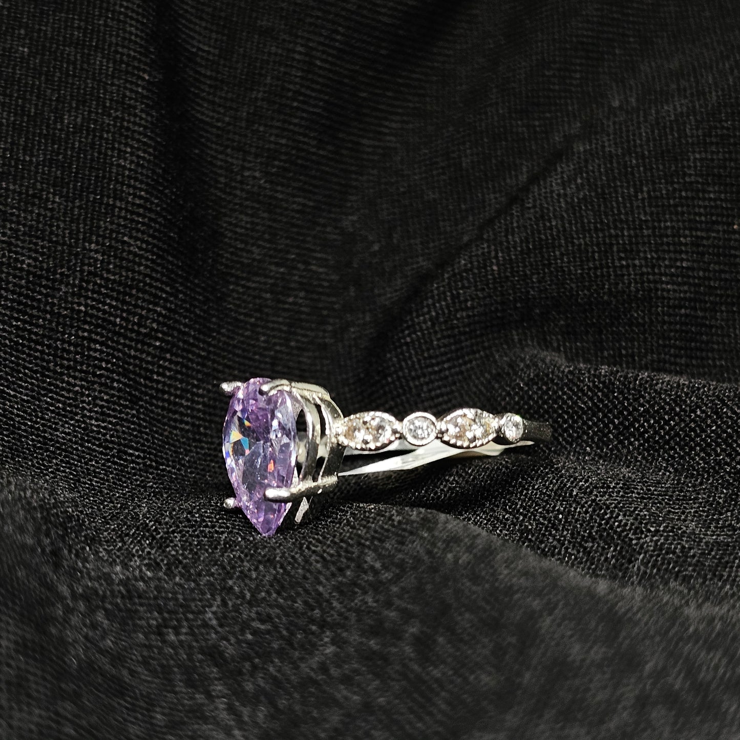 Lavender Pear-Cut Gemstone Ring with Vintage Band – Size 6.5