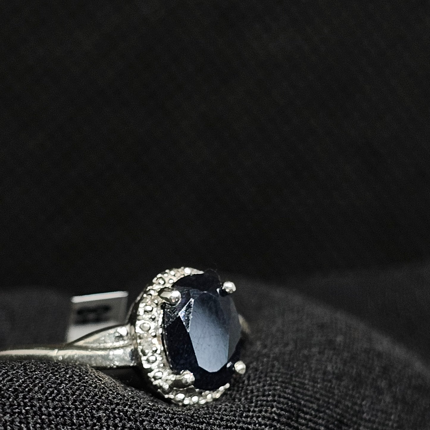 Silver Oval-Cut Blue Stone Halo Ring – Size 8