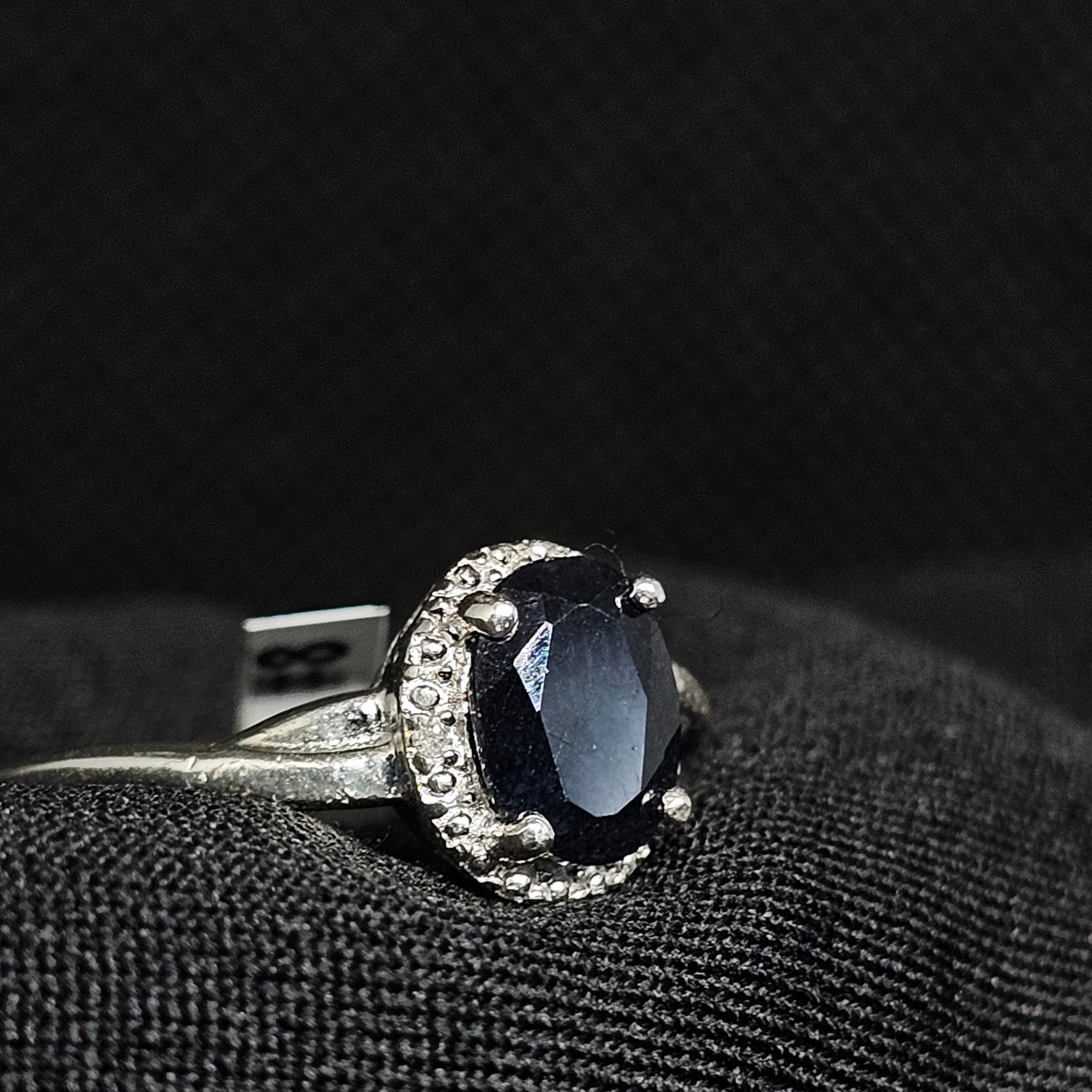 Silver Oval-Cut Blue Stone Halo Ring – Size 8