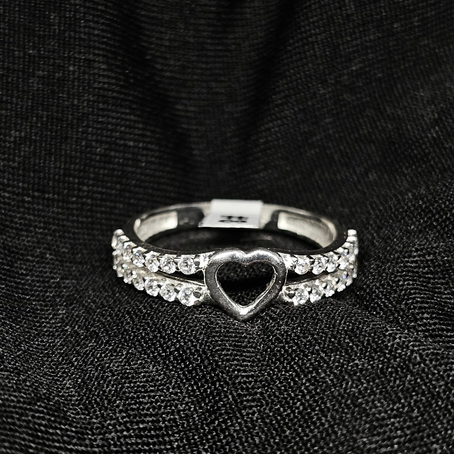 Silver Heart Cutout Ring with Double Crystal Band – Size 8