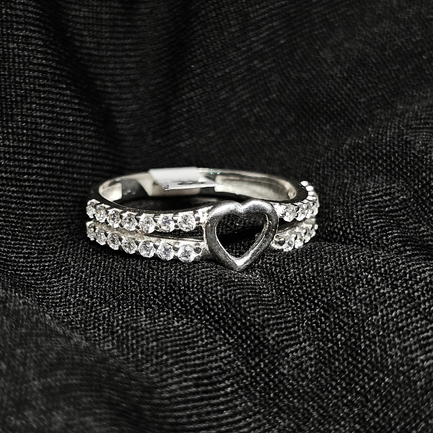 Silver Heart Cutout Ring with Double Crystal Band – Size 8