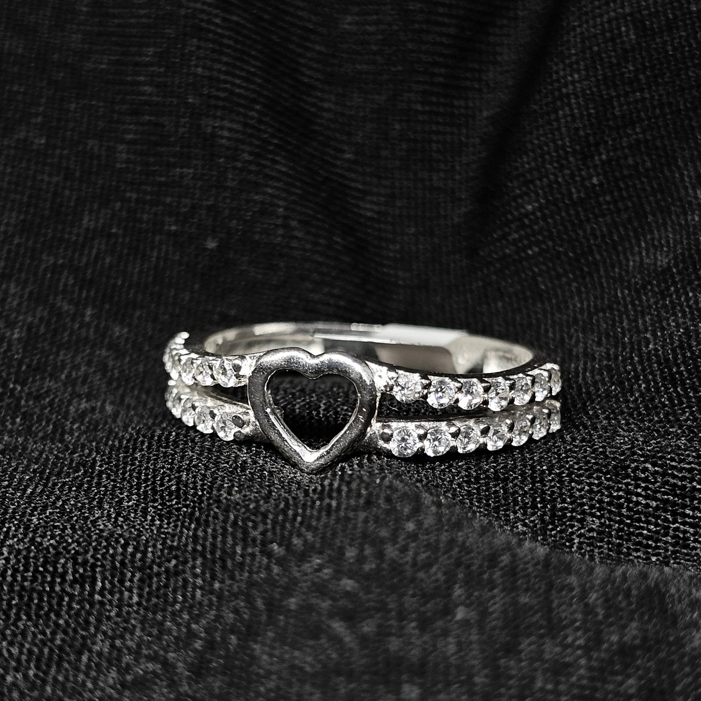 Silver Heart Cutout Ring with Double Crystal Band – Size 8