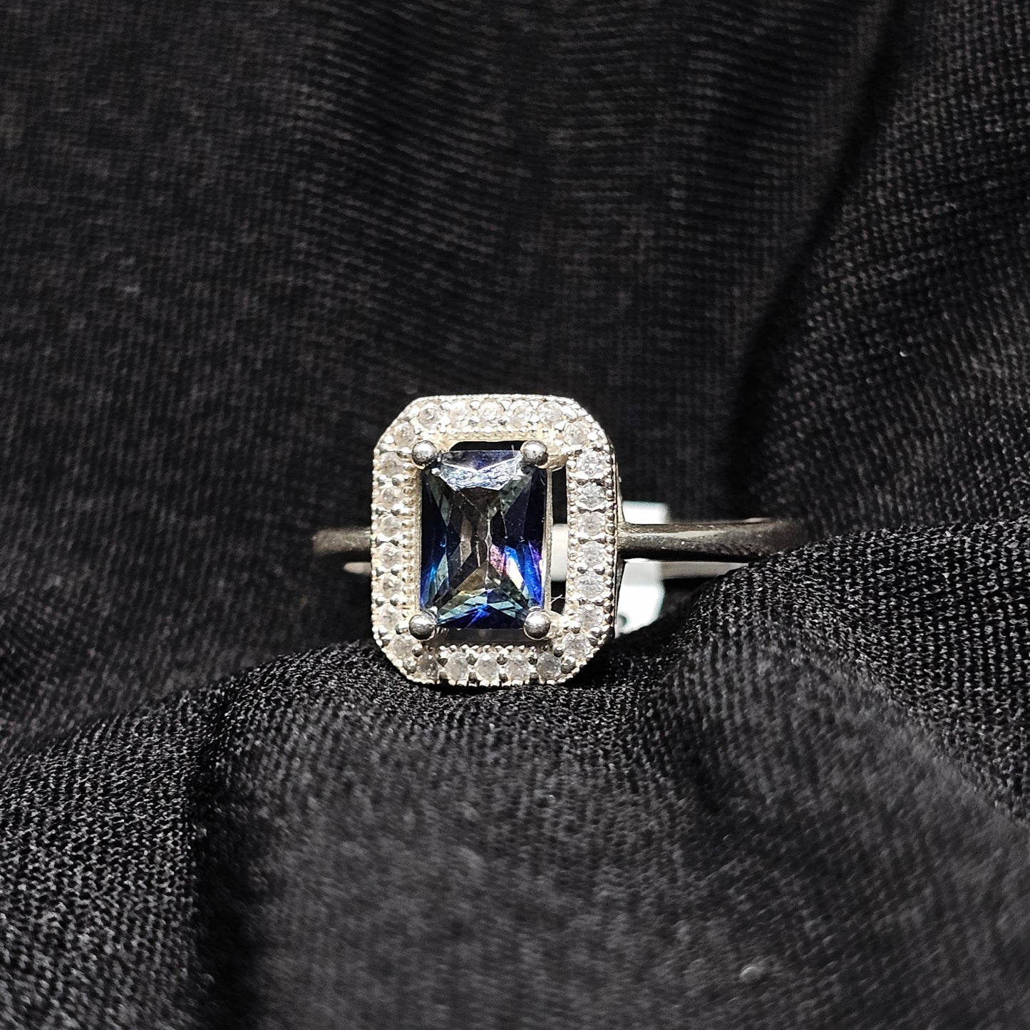 Emerald-Cut Blue Stone Halo Ring in Silver – Size 8.5