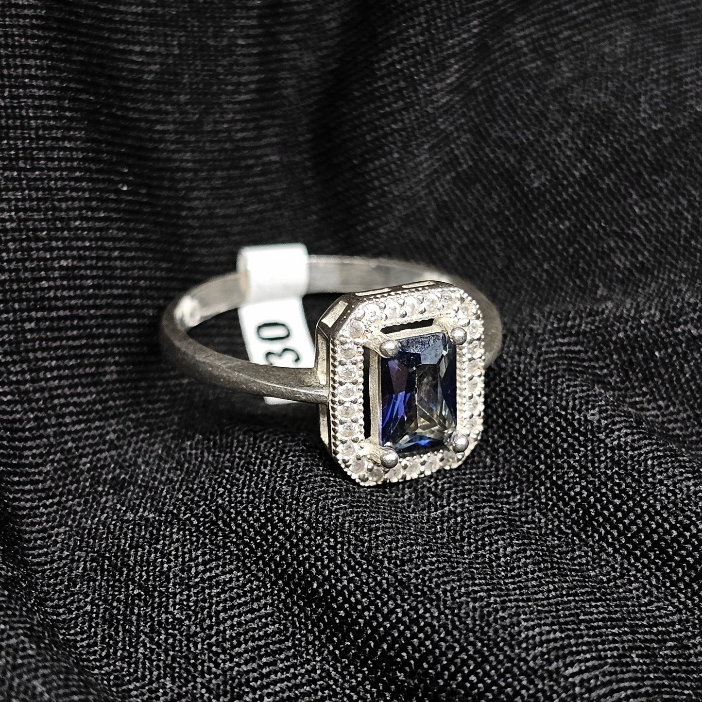 Emerald-Cut Blue Stone Halo Ring in Silver – Size 8.5