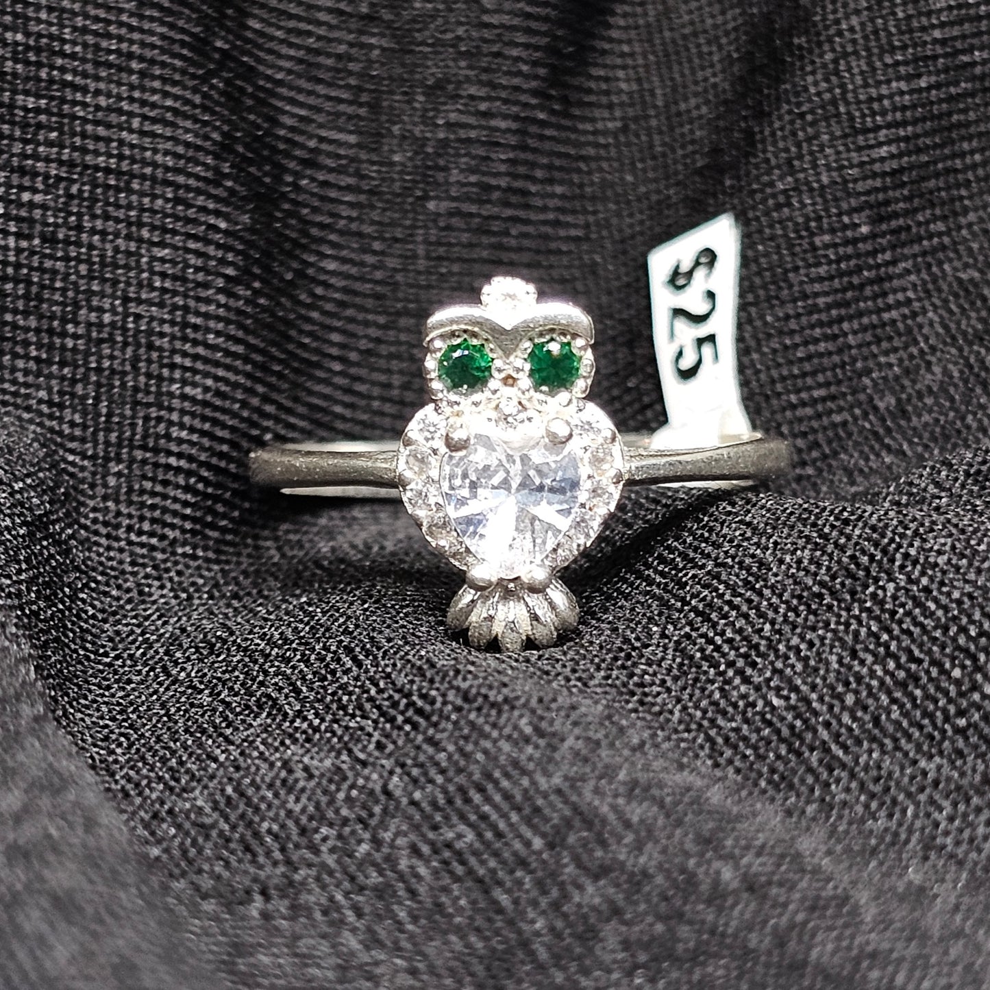 925 Silver Owl Ring with Green Eyes & CZ – Size 6.5 & 8.5