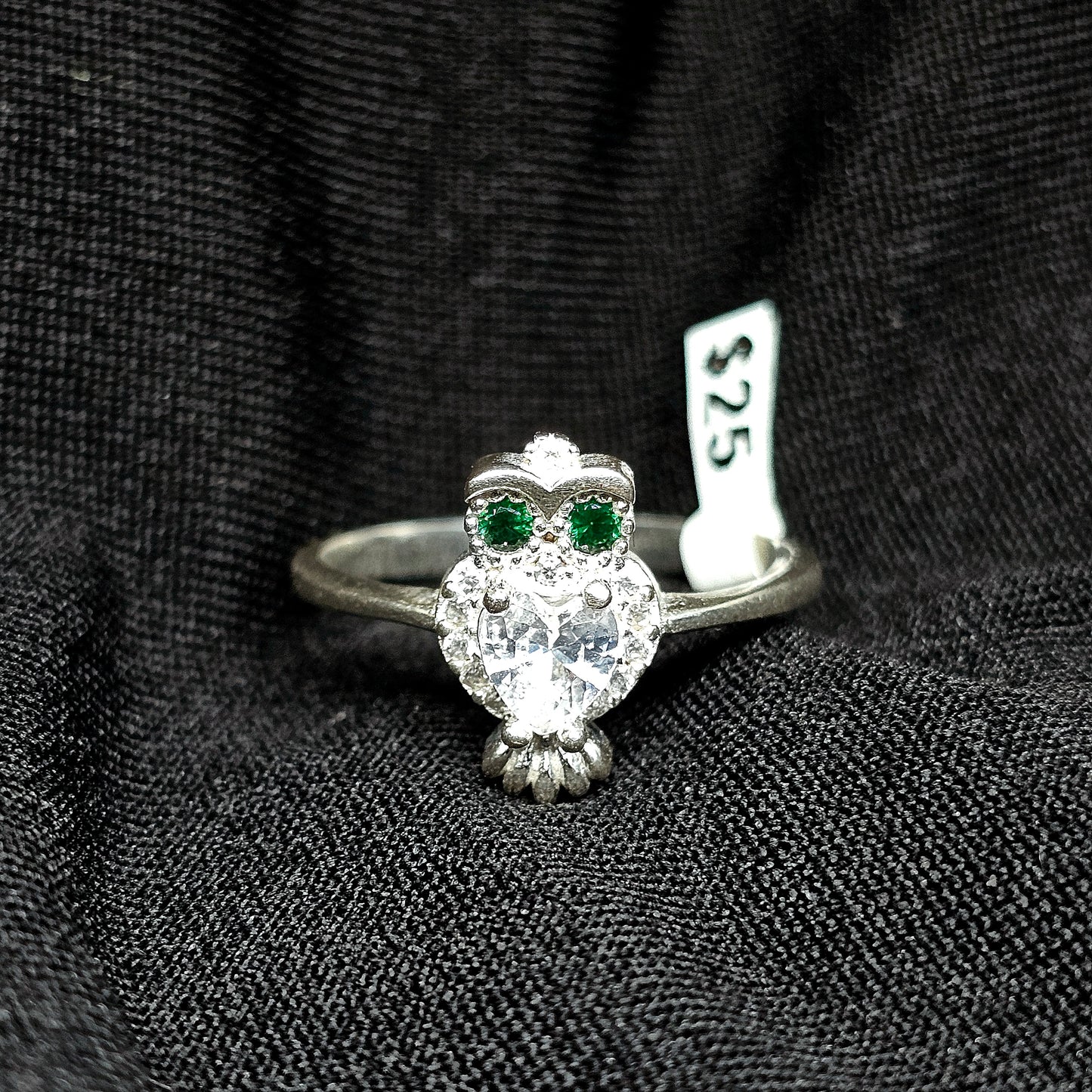 925 Silver Owl Ring with Green Eyes & CZ – Size 6.5 & 8.5