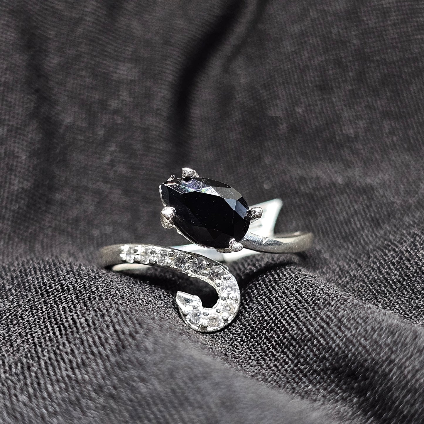 Marquise Black Stone Ring with Curved Silver and Crystal Accent