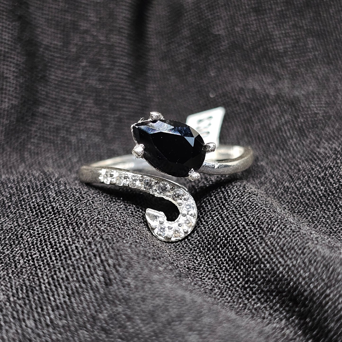 Marquise Black Stone Ring with Curved Silver and Crystal Accent