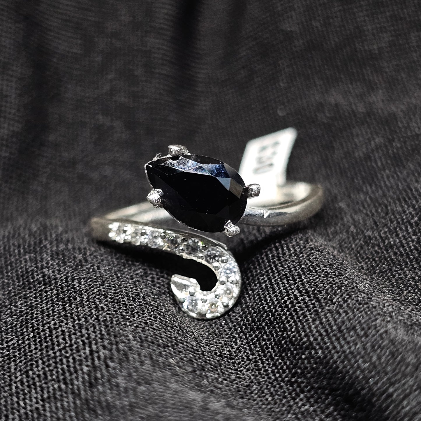 Marquise Black Stone Ring with Curved Silver and Crystal Accent