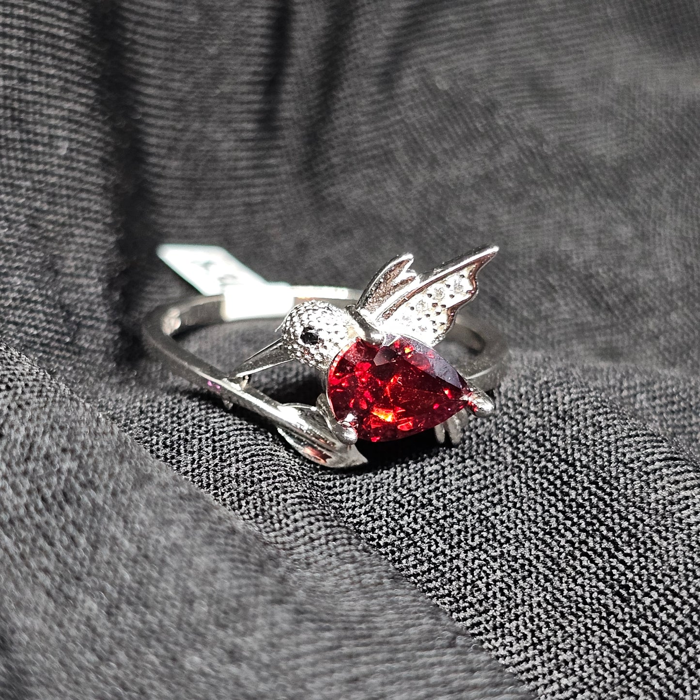 925 Sterling Silver Heart Ring with Red Stone and Angel Design