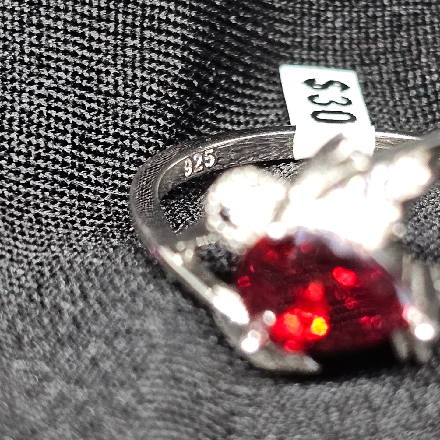 925 Sterling Silver Heart Ring with Red Stone and Angel Design