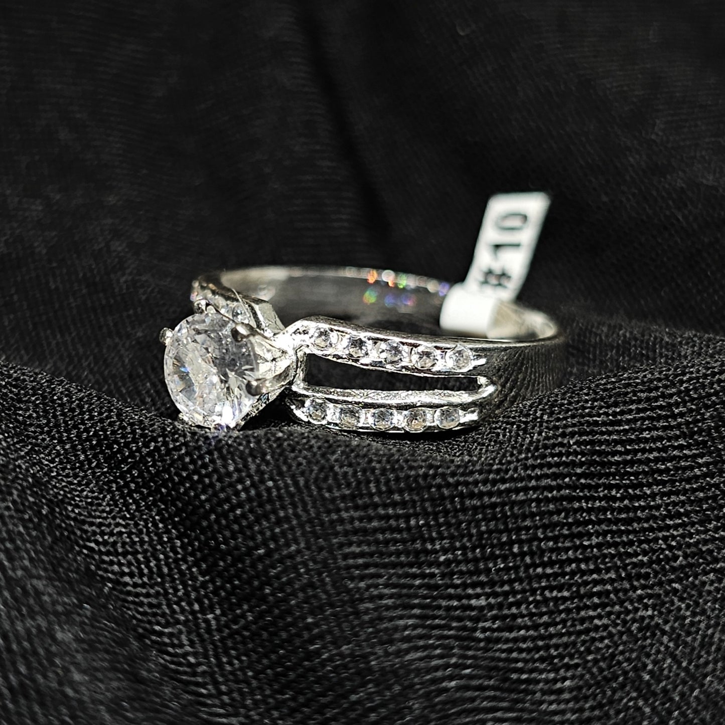 Silver Round Cut Solitaire Ring with Double Row Accent Stones